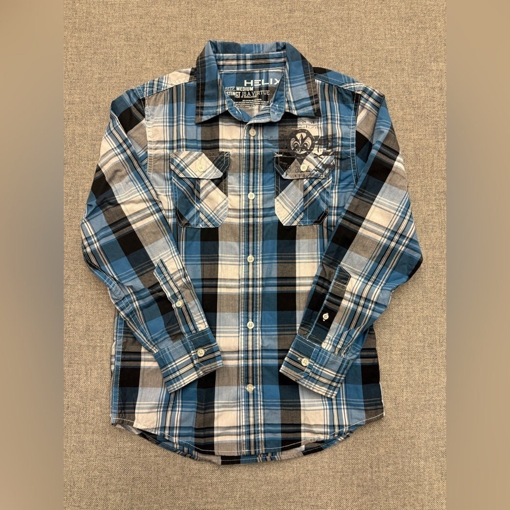 Helix Blue and Black Plaid Button Down Long Sleeve Dress Shirt 0093